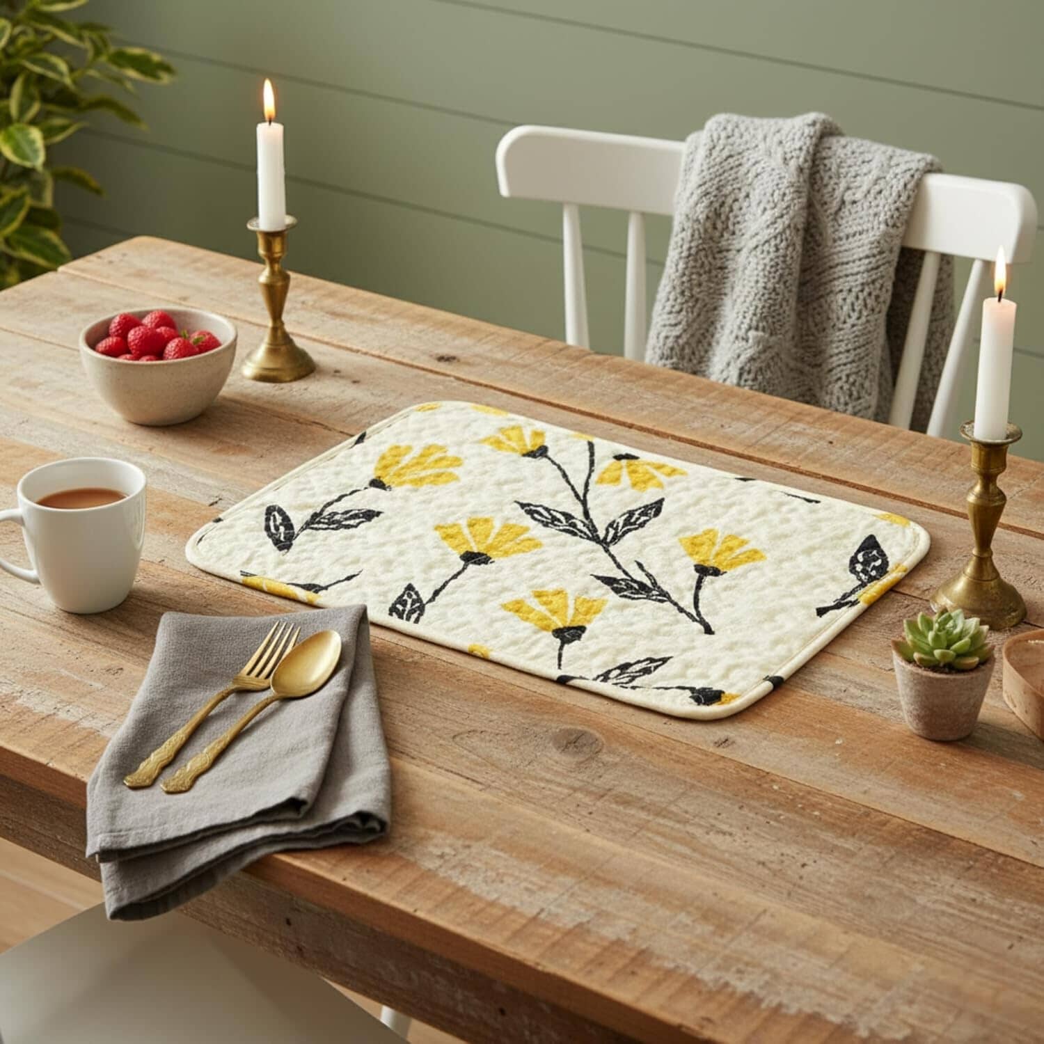 DaDa Bedding Botanical Floral Dining Table Placemats - Set of 4-Pieces Quilted Ivory with Yellow Fleur Golden Orange Spring Time Tulips - 13 x 19