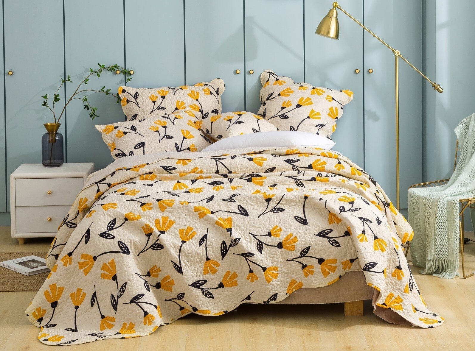 DaDa Bed in a Bag Bundle Set - Yellow Fleur Botanical Ivory Tan Floral Bedding Set (18112)