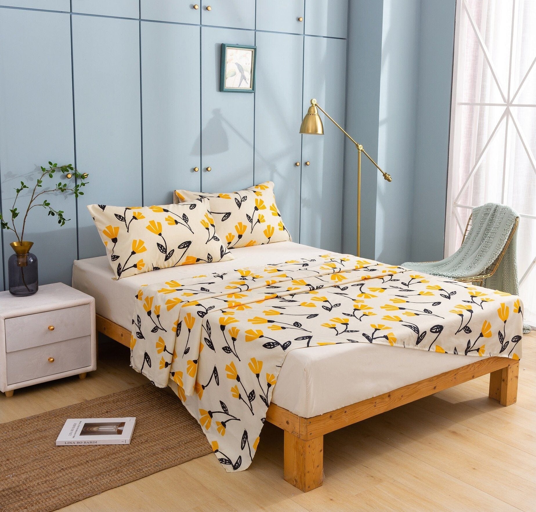 DaDa Bed in a Bag Bundle Set - Yellow Fleur Botanical Ivory Tan Floral Bedding Set (18112)