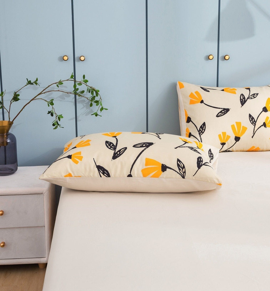 DaDa Bed in a Bag Bundle Set - Yellow Fleur Botanical Ivory Tan Floral Bedding Set (18112)