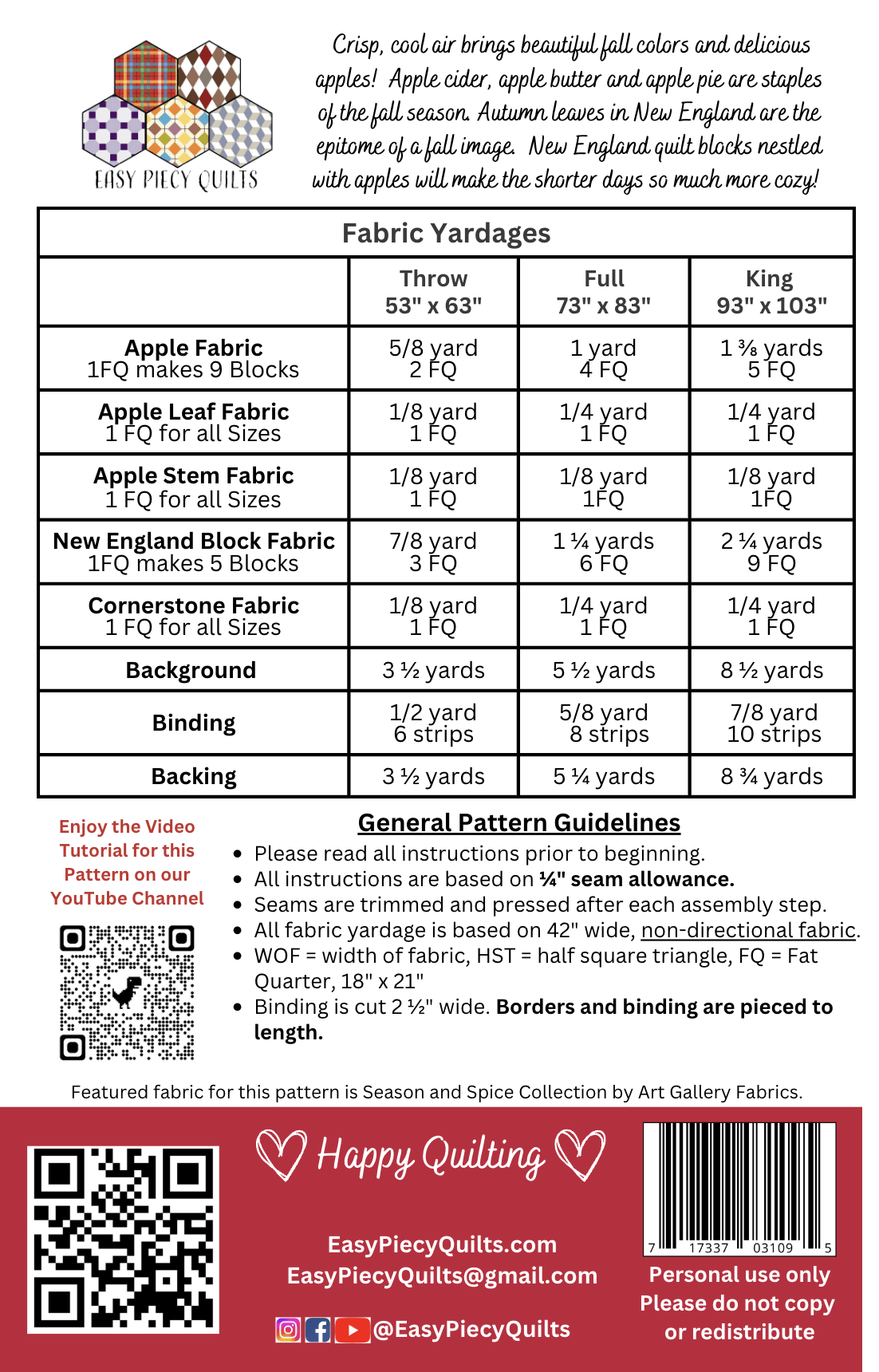 Apple Butter Days Quilt Pattern - Paper Print Version